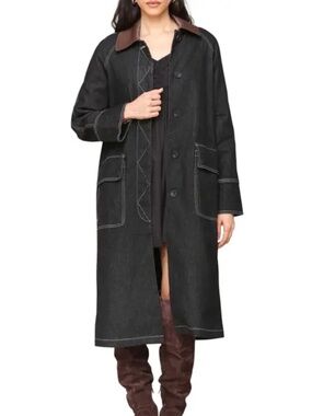 NEW Avec Les Filles Dark Denim Coat Barn Collar Chocolate Rinse Trench Small  S